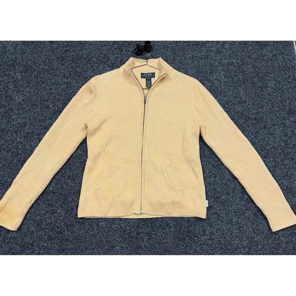 Lauren Ralph Lauren Cardigan Womens PM Yellow Full Zip Ribbed Cotton Sweater